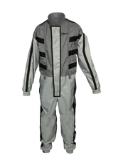 A grey Bullard Blast Suit with black detailing, featuring an elastic waist, elastic wrists, and adjustable ankle cuffs, with an interior chest pocket for a phone and kneepad insert for extra protection.