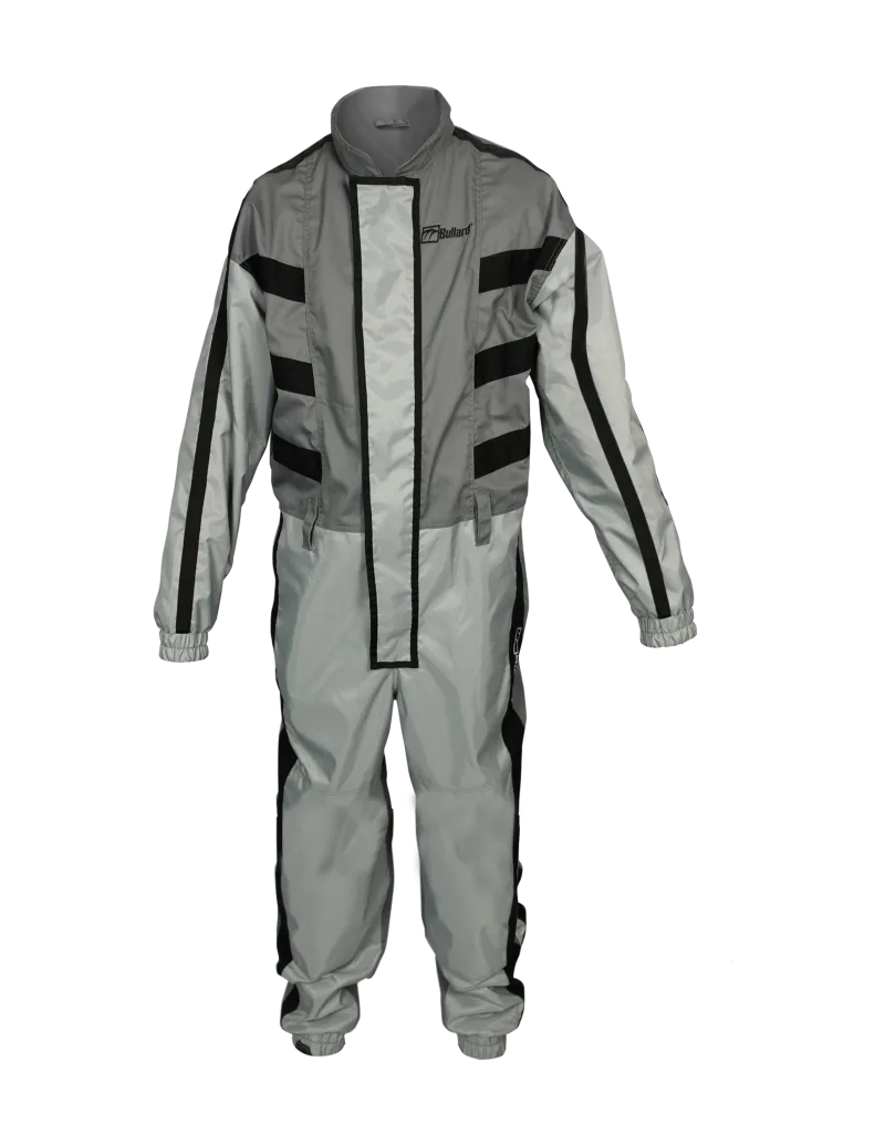 A grey Bullard Blast Suit with black detailing, featuring an elastic waist, elastic wrists, and adjustable ankle cuffs, with an interior chest pocket for a phone and kneepad insert for extra protection.
