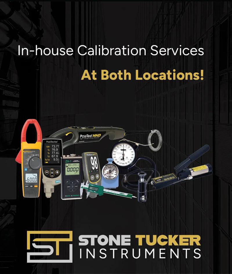 Inspection equipment on dark background with text offering in-house calibration services and Stone Tucker logo.