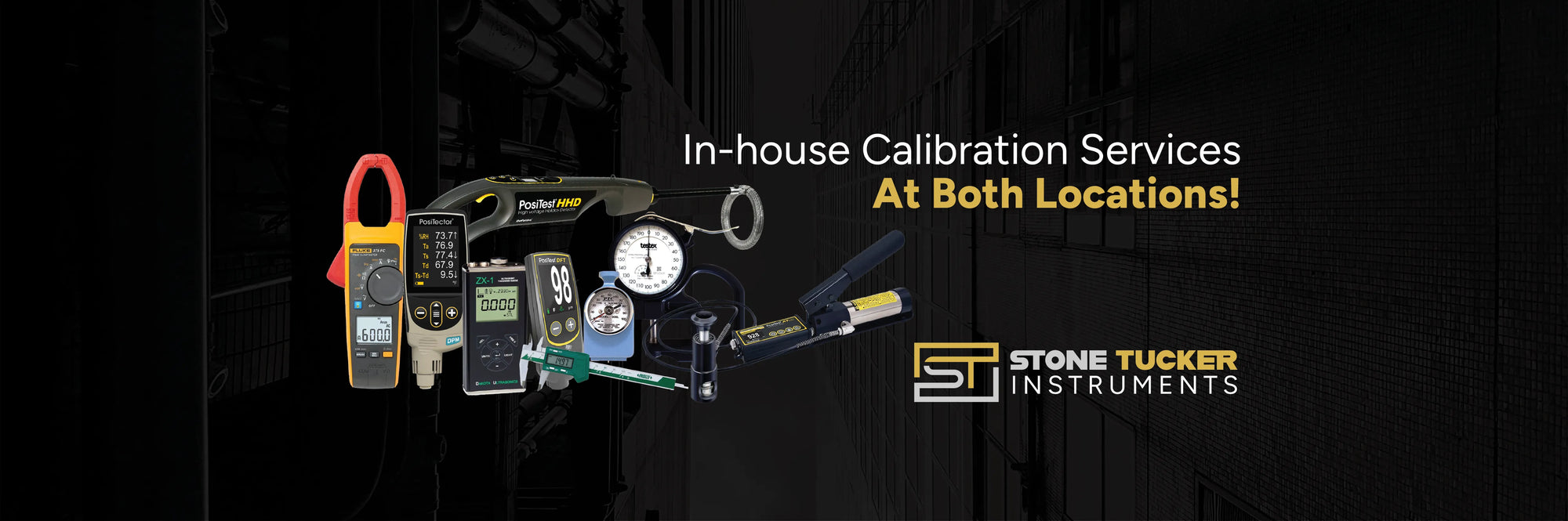 Banner showing a range of inspection equipment and advertising in-house calibration services by Stone Tucker Instruments on a dark background