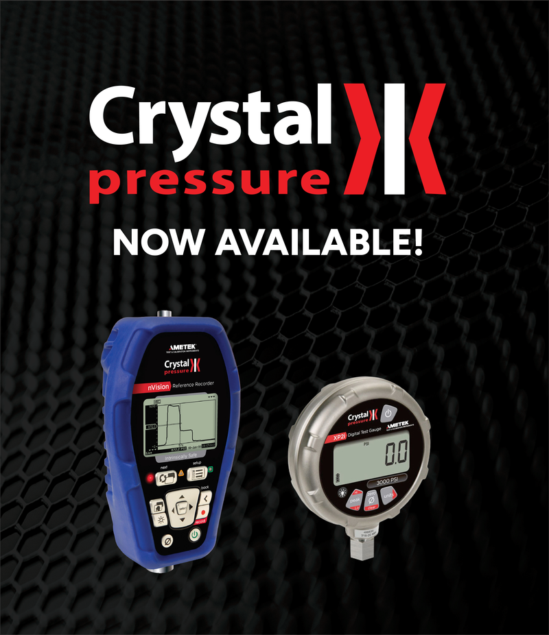 Two digital pressure gauges on a textured black background with Crystal Pressure logo.