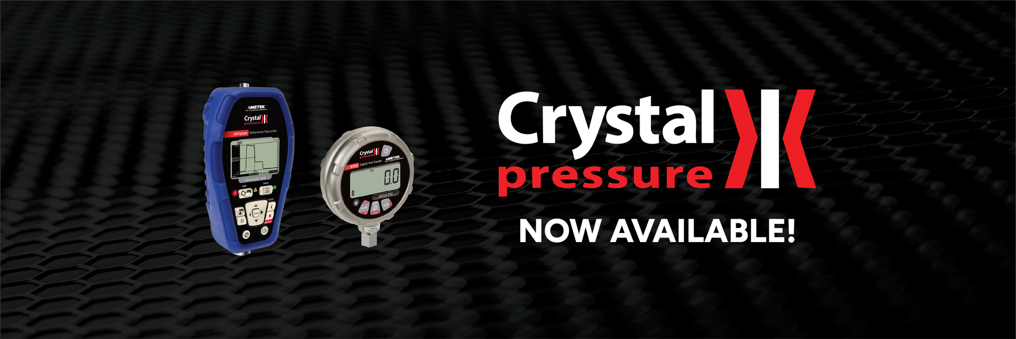 Two digital pressure gauges on a textured black background with Crystal Pressure logo.