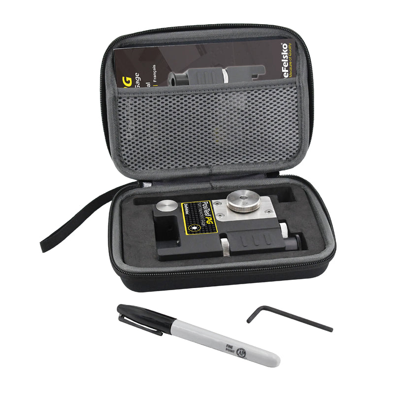 DeFelsko Paint Inspection Gauge in a softshell case with a sharpie and an allen key.