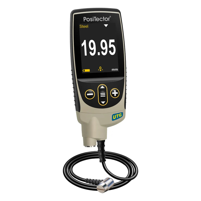 DeFelsko PosiTector UTG Ultrasonic Thickness Probe with a cable, on a DeFelsko Gauge Body showing digital readout.
