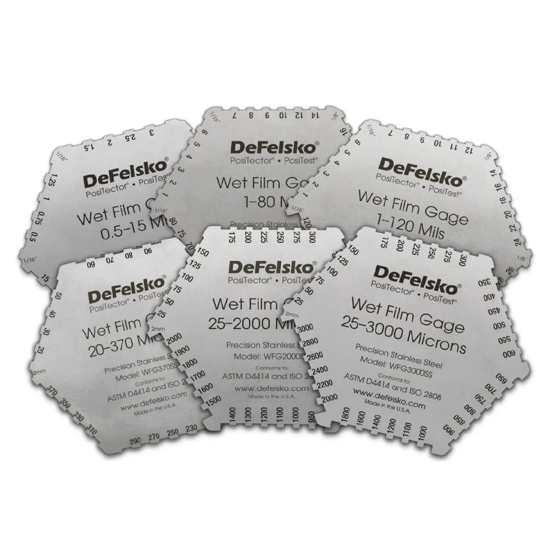 A set of DeFelsko 6-sided stainless steel wet film gauges