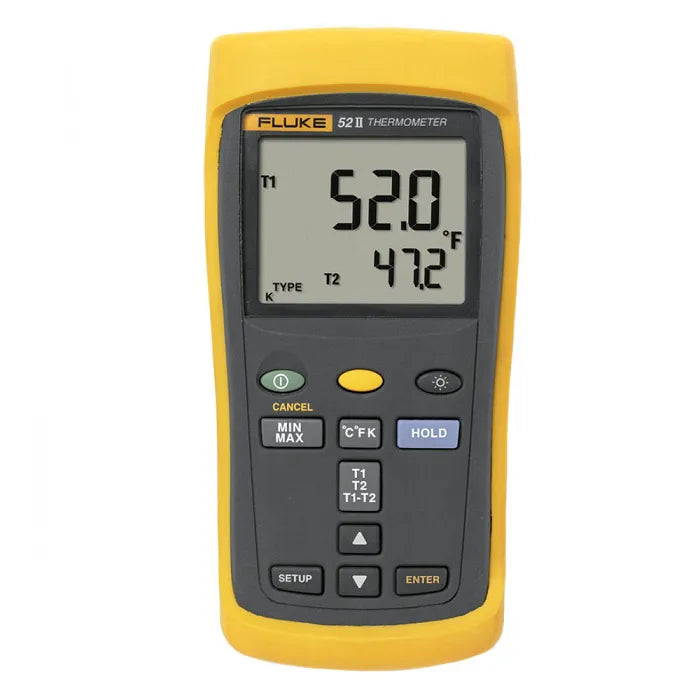 A Fluke 52 II Handheld Digital Thermometer with a digital display showing temperature in Fahrenheit.