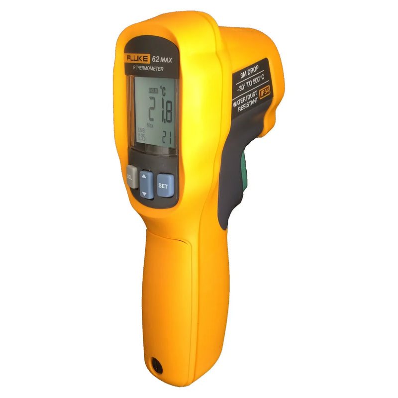 A yellow Fluke 62 MAX handheld infrared laser thermometer with a digital display and buttons.