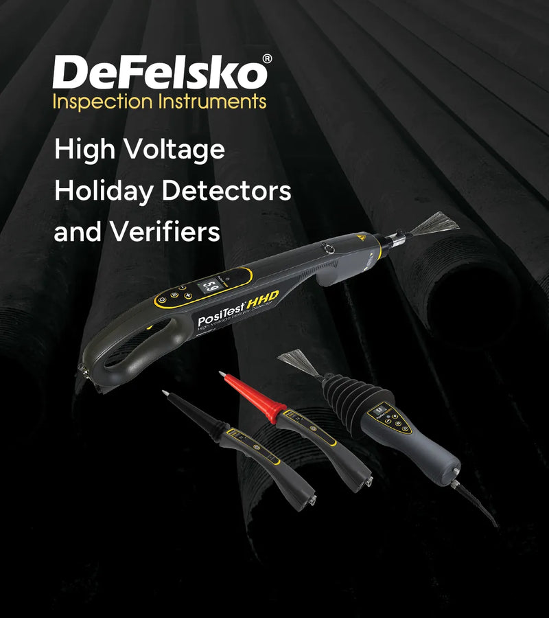 DeFelsko high voltage holiday detectors on dark background with logo and text.