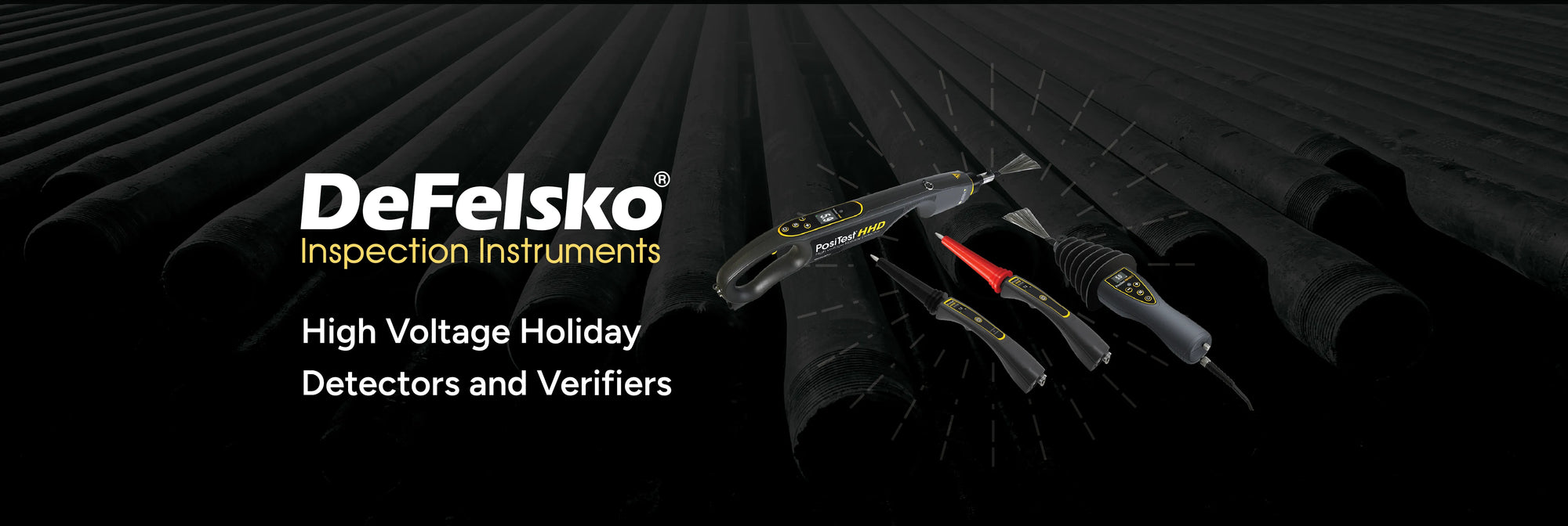 Banner showing DeFelsko high voltage holiday detectors and verifiers on a textured background