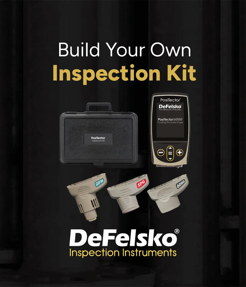 DeFelsko Gauge, probes, and case on a dark background with the offer to build your own inspection kit.