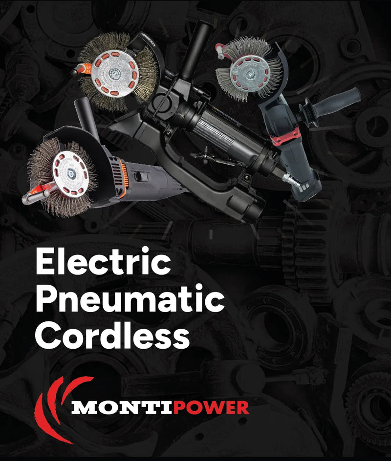 MontiPower Bristle Blasters and MontiPower logo on a dark background with text offering electric, pneumatic, or cordless units.