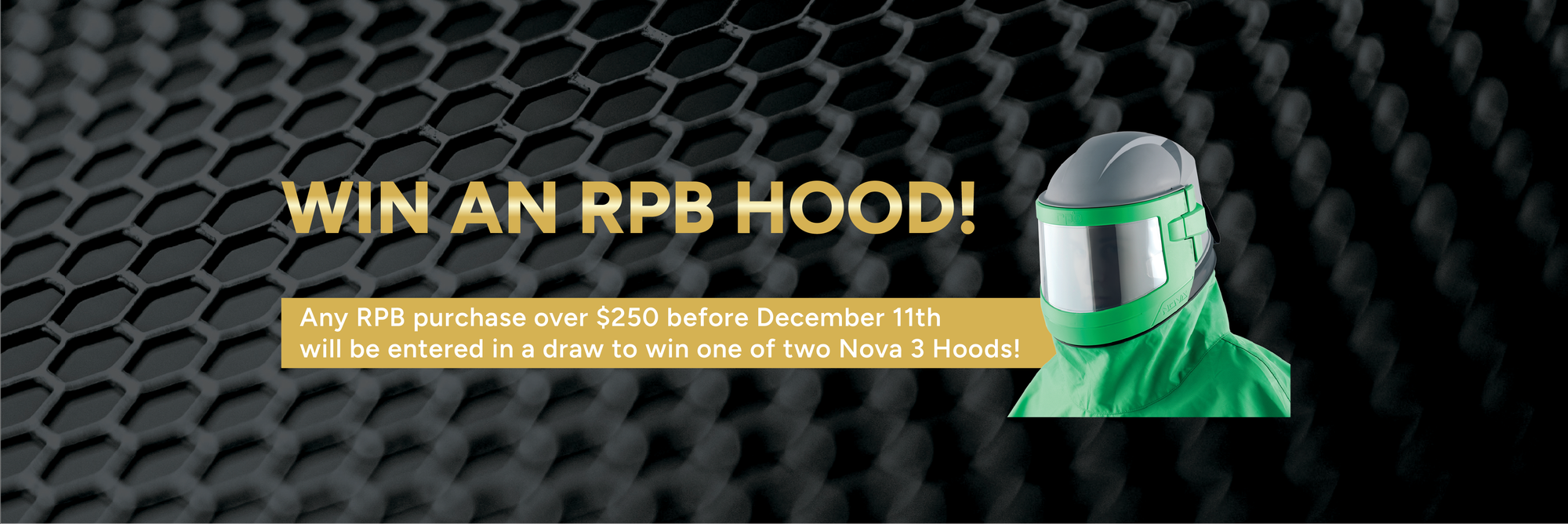 Promotional banner for winning a RPB Nova 3 Hood on a dark textured background.