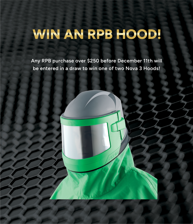 Green RPB Hood with promotional text on a black textured background
