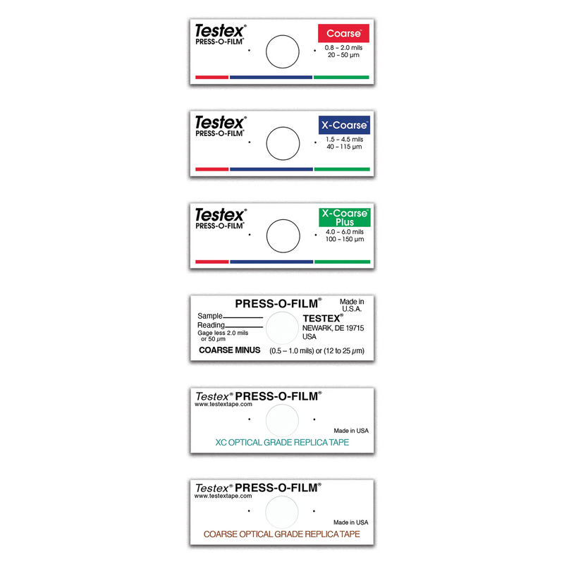 Six grades of Testex Press-O-Film tape for replicating surface profile.