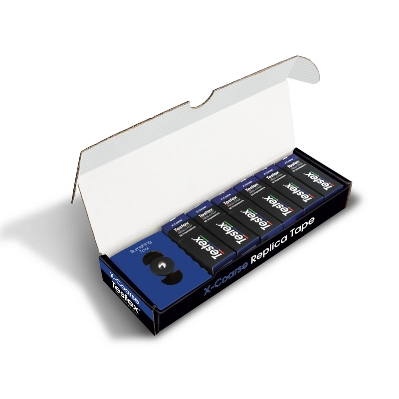 6 cartons of Testex X-Coarse Replica Tape in a black and blue box with a burnishing tool.